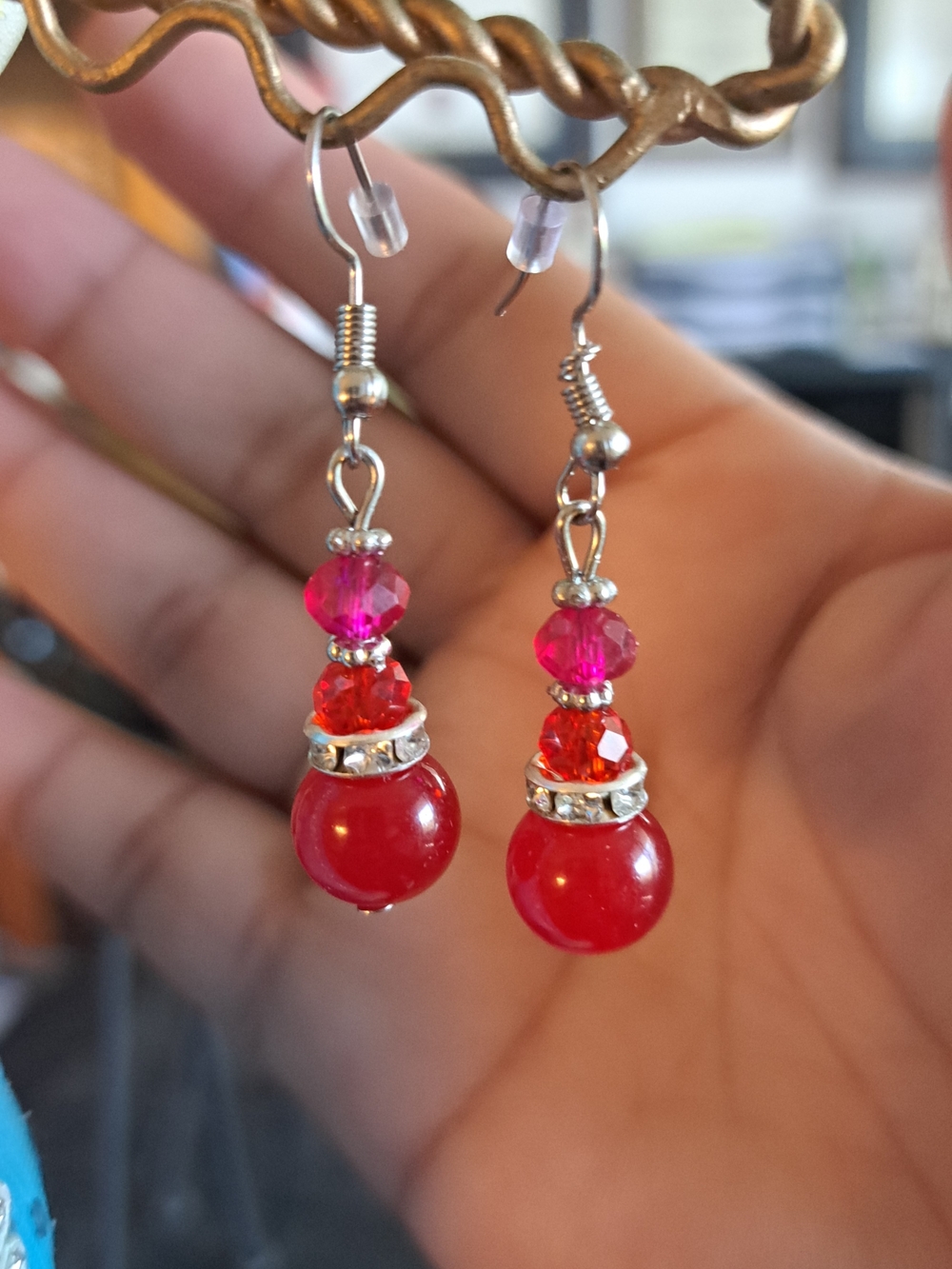 Red Bead Dangle Earrings with Pink Accent Beads